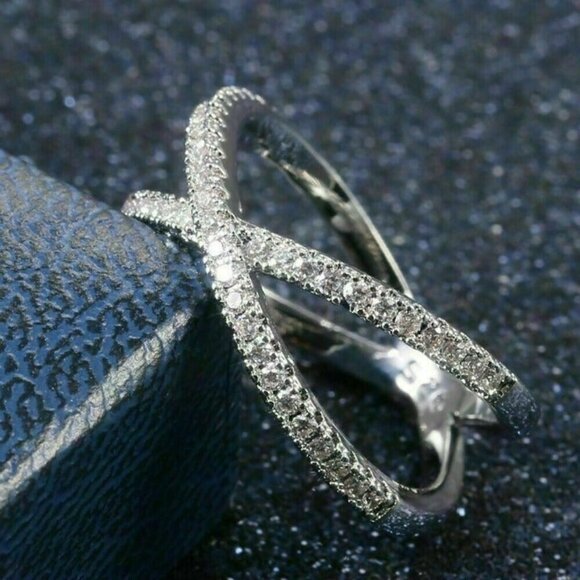 Sterling Silver Pave Diamond Criss Cross Ring - Picture 3 of 6